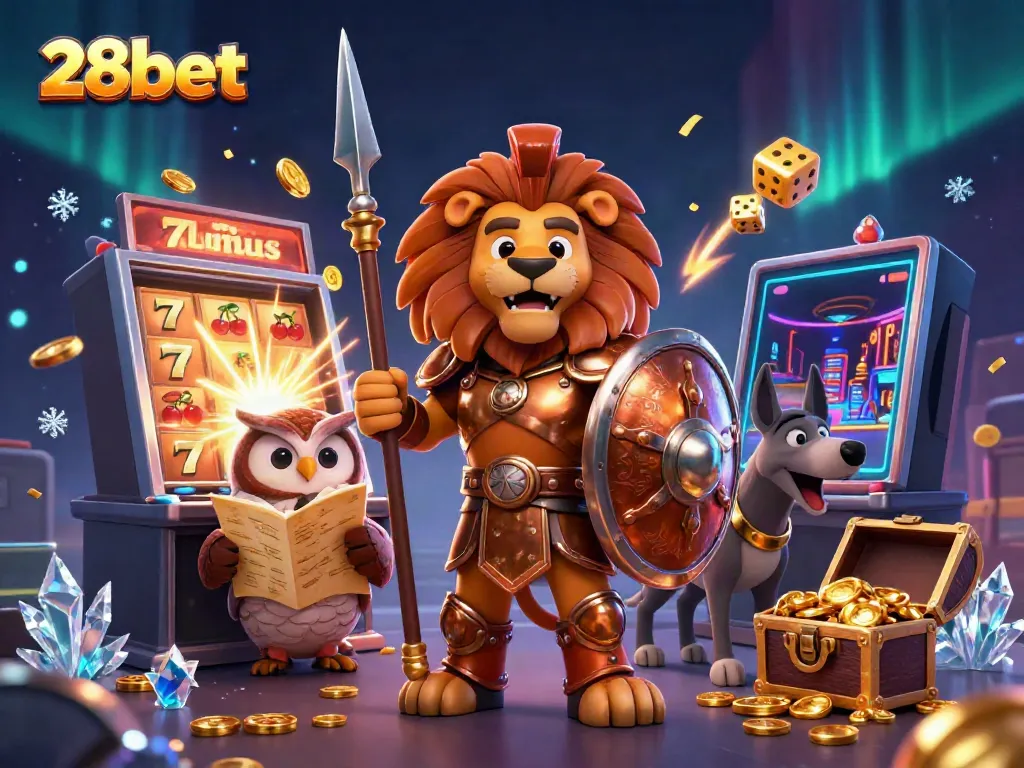 Engage with the thrilling world of 28bet illustrated with a Spartan lion in battle armor amidst a vibrant casino backdrop.