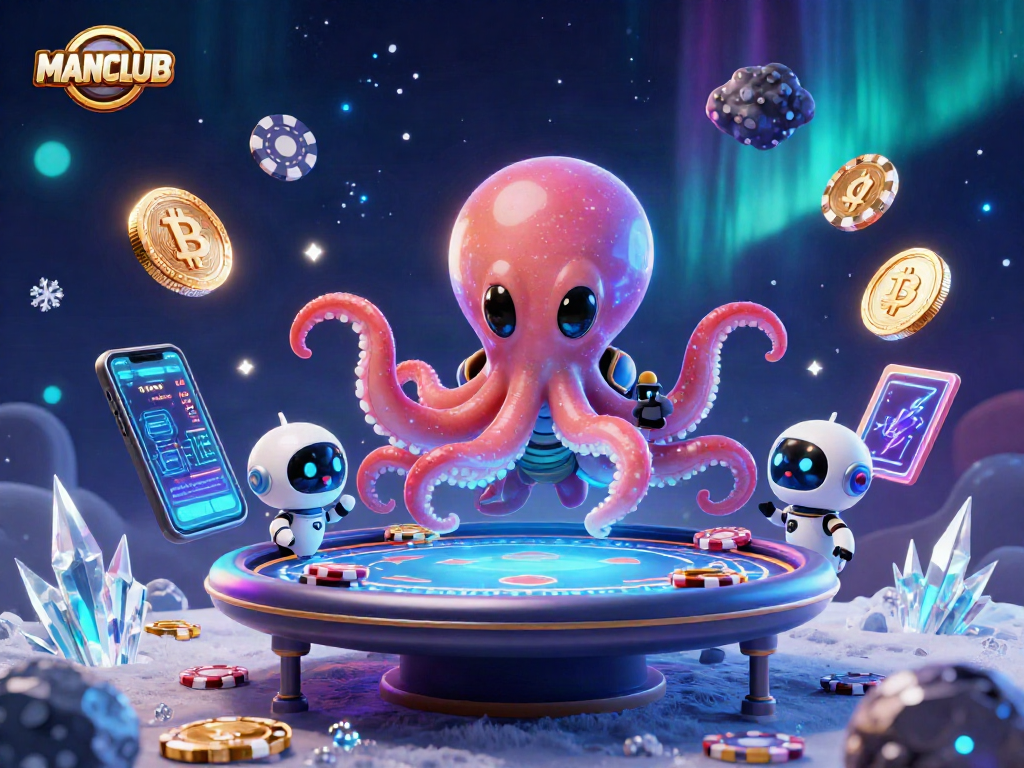 Engage in thrilling poker strategies at MANCLUB with our exciting 3D alien-themed casino illustration.