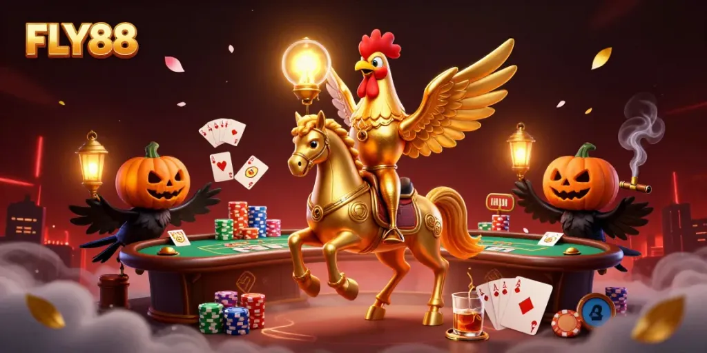 Experience FLY88's thrilling casino atmosphere with a golden rooster riding a spectral horse.