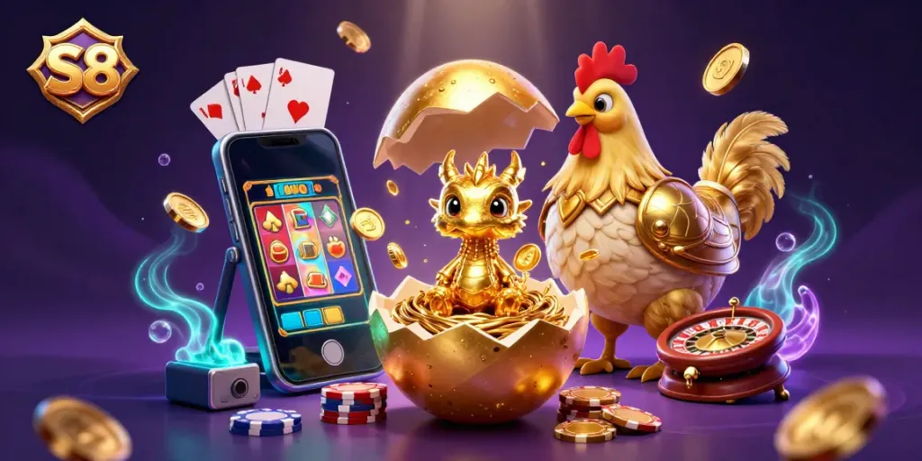 S8 reveals a golden dragon amidst poker chips, showcasing slot games and casino excitement.