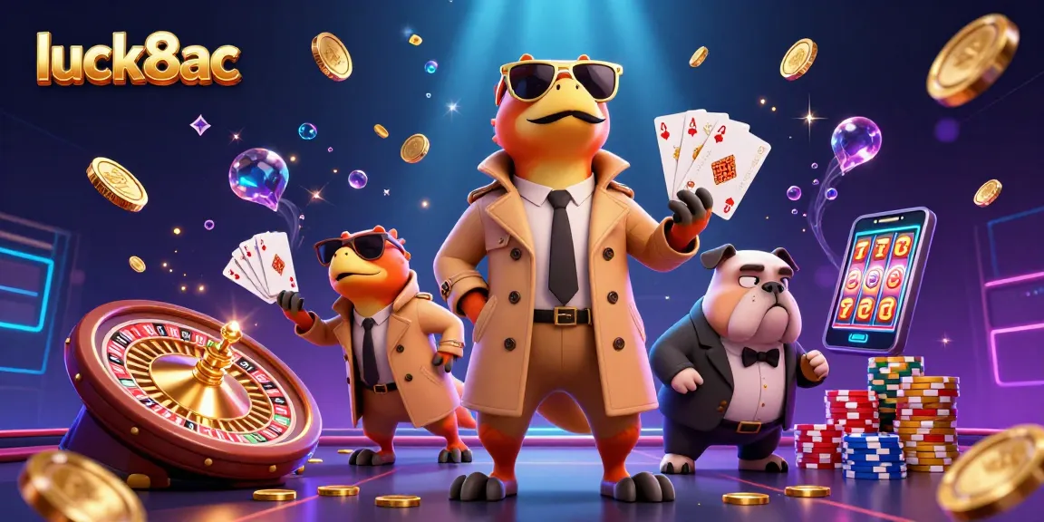 Spin the luck8ac casino reels with raptors in a trench coat entering a VIP lounge, amidst sparkling gems.