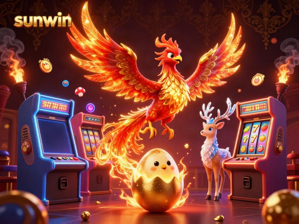 Experience the excitement of sunwin with a stunning phoenix and dynamic arcade elements in a vibrant casino scene.