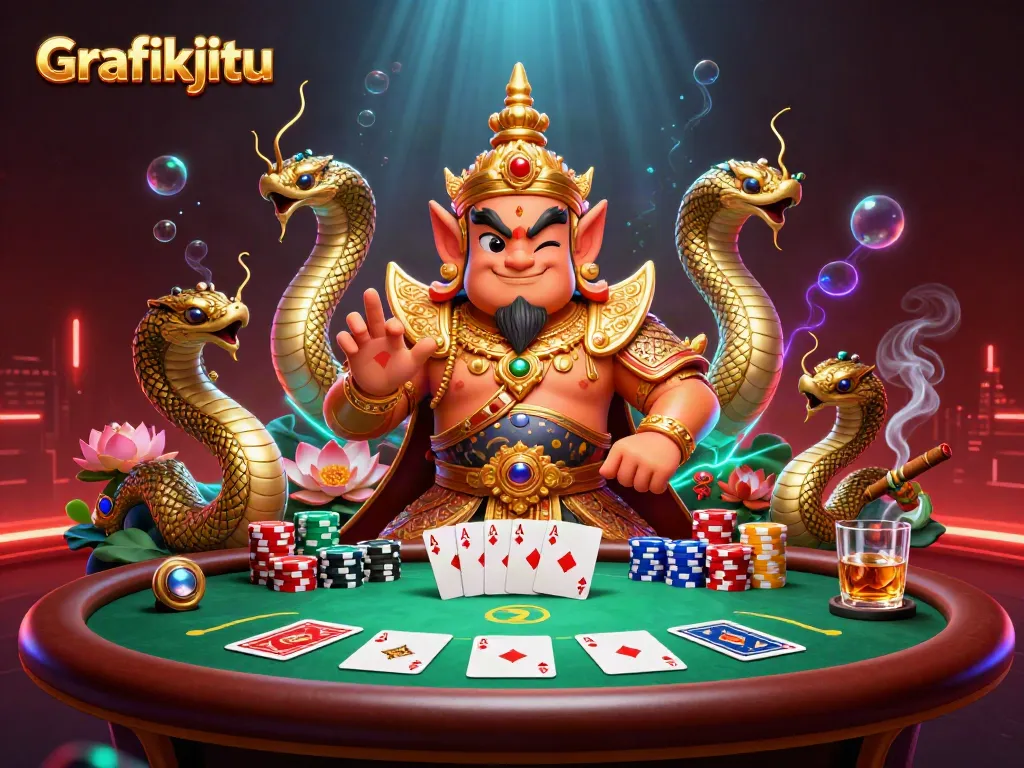 Engage in thrilling gaming action with Grafikjitu featuring vibrant poker elements and mythical guardians.