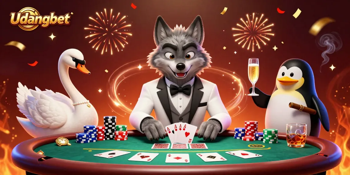 Engage with Udangbet at a lively poker table, as a debonair wolf and elegant swan deal cards.
