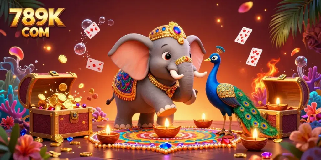 Engage with 789K COM's vibrant casino scene featuring a colorful elephant and companion peacock amidst treasures and playing cards.