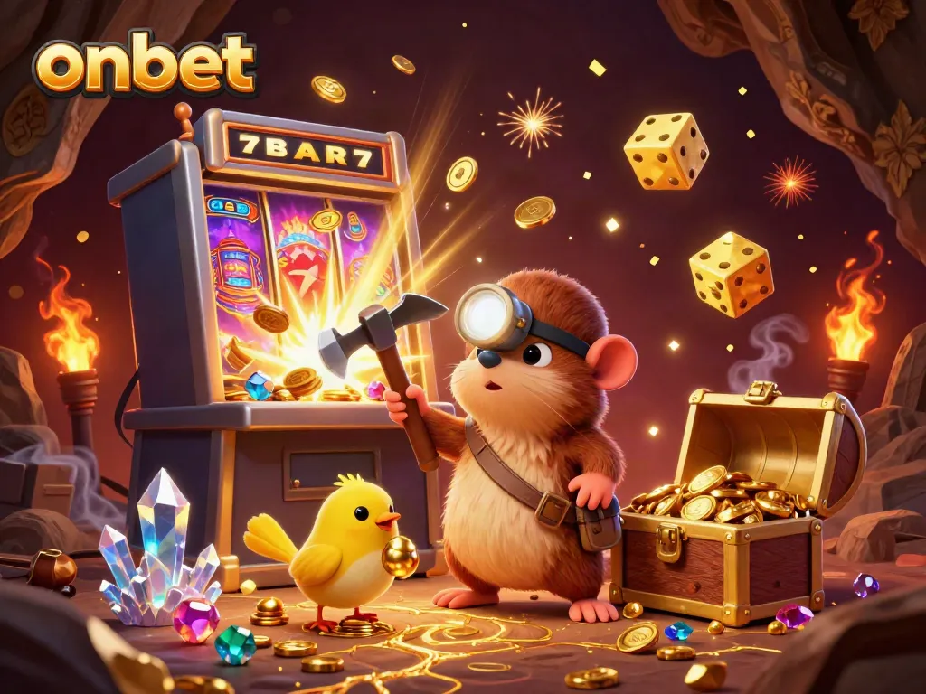 Exciting scene of onbet's treasure hunter mole discovering jackpots and casino games in a vibrant, rich 3D illustration.