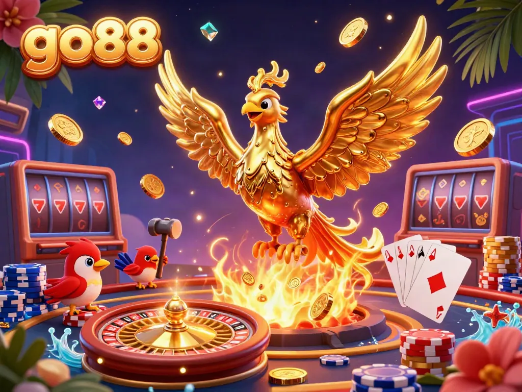 Experience the game intensity of go88 with a dynamic casino scene featuring a molten phoenix, golden coins, and festive elements.