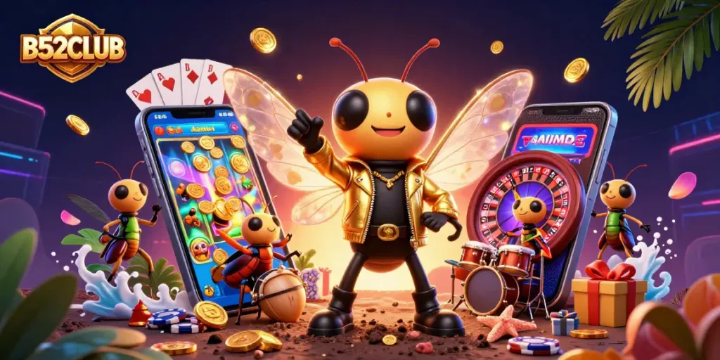 Engage with B52CLUB to win big in vibrant casino-themed illustration filled with excitement.