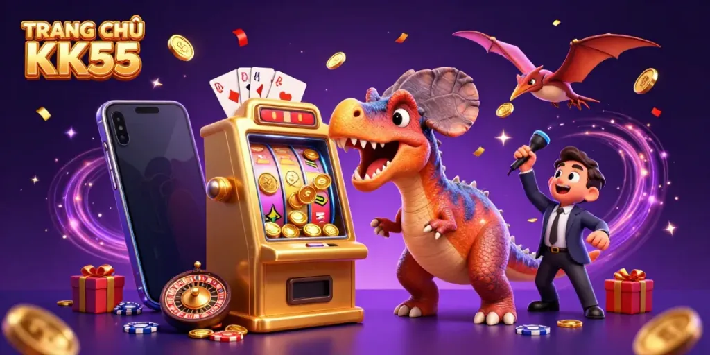 Engage with TRANG CHỦ KK55 in an exciting 3D illustration of a dinosaur jackpot experience and dynamic casino elements.