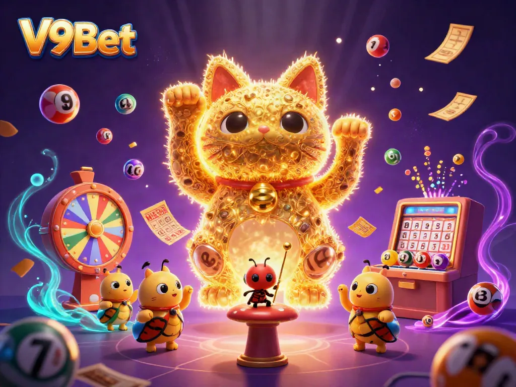 Engage with V9Bet's dynamic gaming experience featuring a golden lucky cat and vibrant casino symbols.