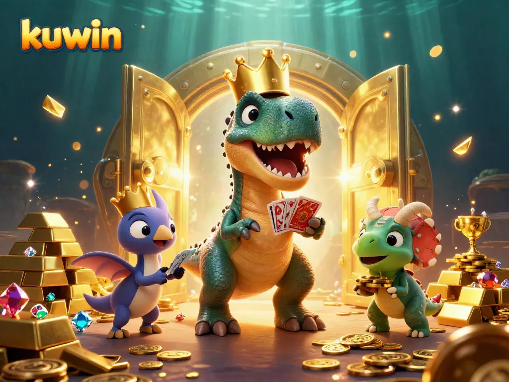 Experience the fun at kuwin with a friendly T-Rex shuffling cards in an exciting casino scene filled with treasure.