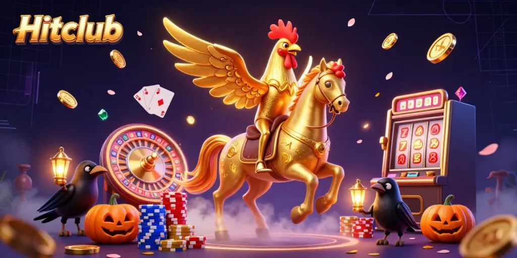 Hitclub showcases an exciting 3D illustration featuring a golden rooster hero, vibrant casino elements, and action-packed visuals.