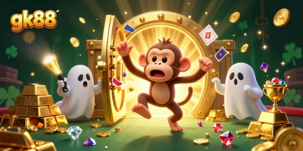 gk88 showcases an enchanting casino scene with a playful ghost monkey and puppy, surrounded by treasures and gaming elements.