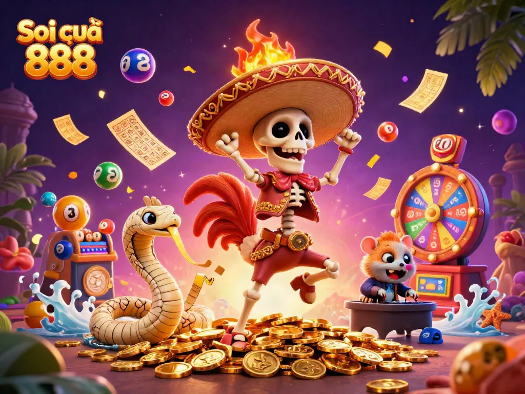 Soi cầu 888 celebrates winning moments with vibrant characters dancing amidst lottery elements and gold coins.