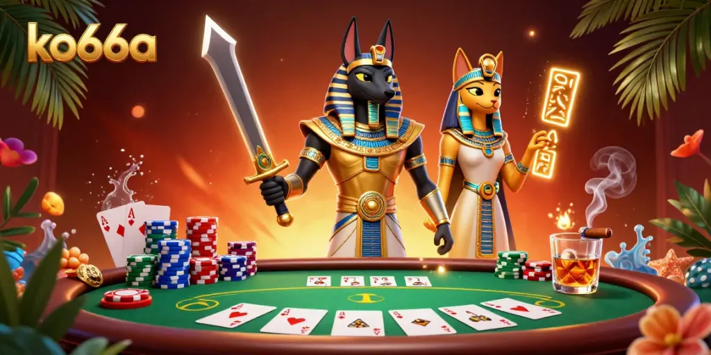 Engage with the vibrant world of ko66a through this dynamic poker scene featuring Anubis and Bastet.