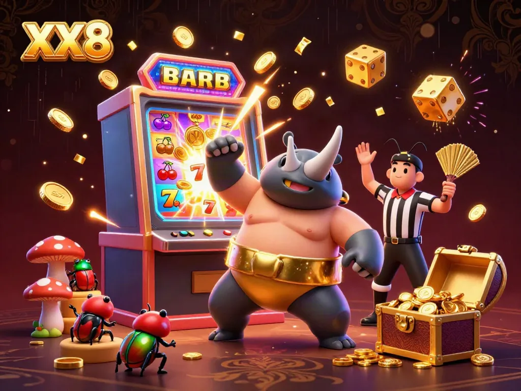 Witness the XX8 sumo beetle champion triumphantly unleashing golden coins in a vibrant casino-themed illustration.