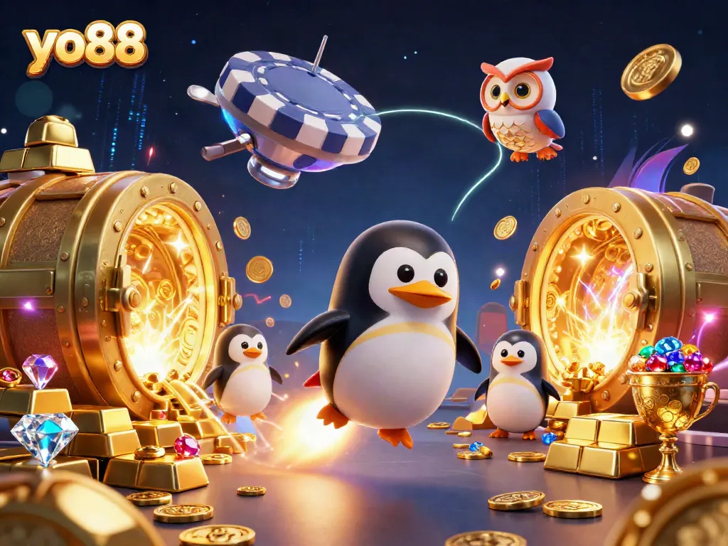 Experience thrilling gaming with yo88 as a golden penguin navigates a vibrant casino space!