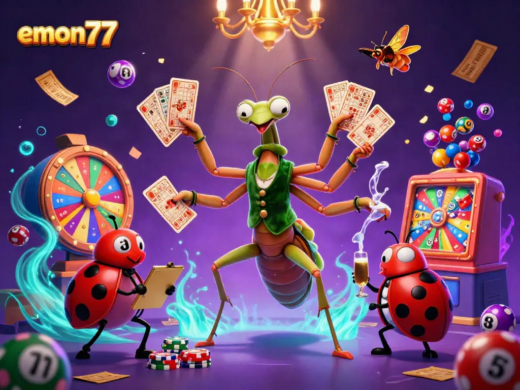 Experience the excitement of emon77 with a vibrant 3D casino scene showcasing a card sharp and pit boss.