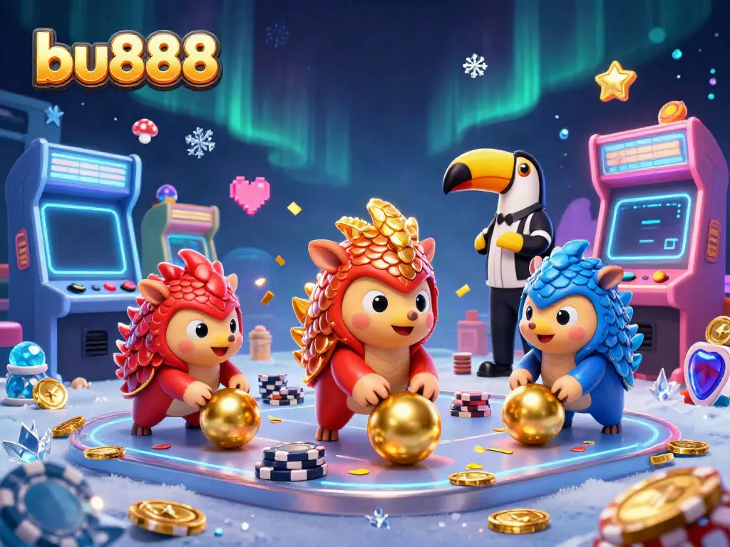 Experience thrilling action with bu888 as rival pangolins roll golden balls through poker chips in a vibrant casino.
