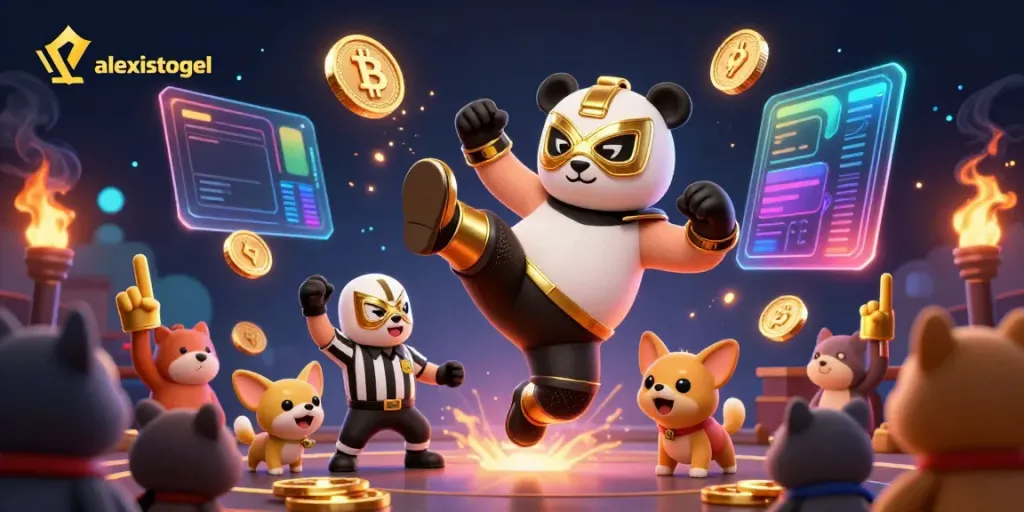 Berinteraksi dengan elemen kasino di alexistogel, panda pegulat melompat dengan penonton aktif.