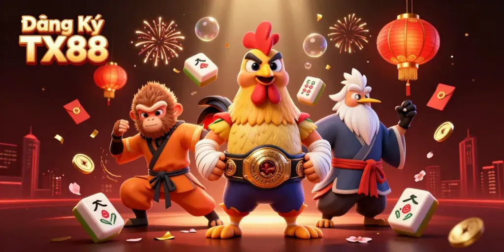 Experience Đăng Ký TX88 through a vibrant scene with dynamic casino elements and characters.