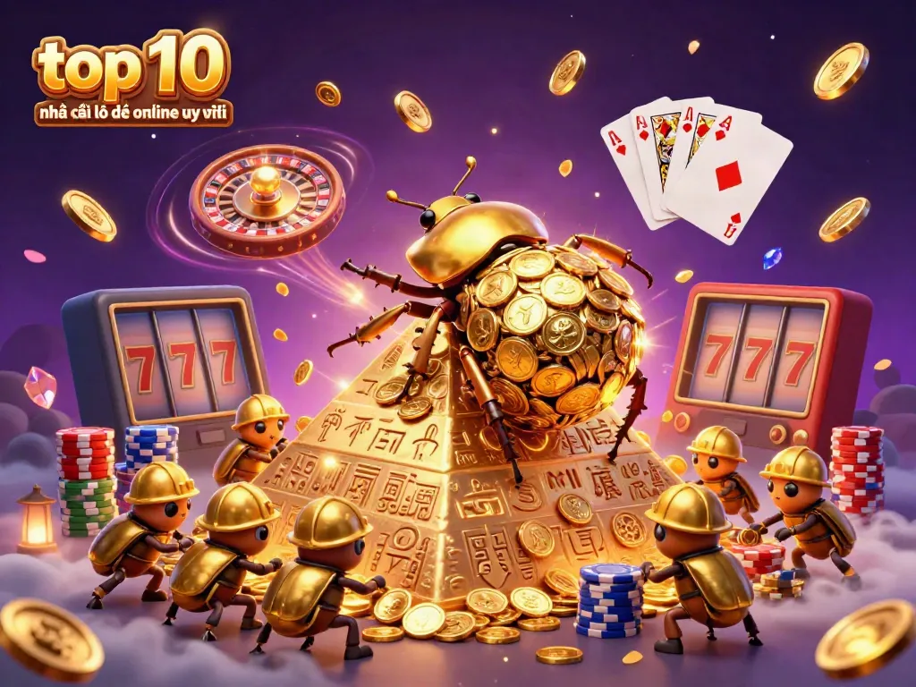 Engage with the top 10 nhà cái lô đề online uy tín through an exciting 3D casino-themed illustration.