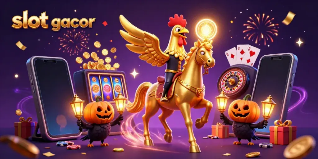 Pengalaman bermain slot gacor dengan ilustrasi karakter menarik dan elemen casinonya.