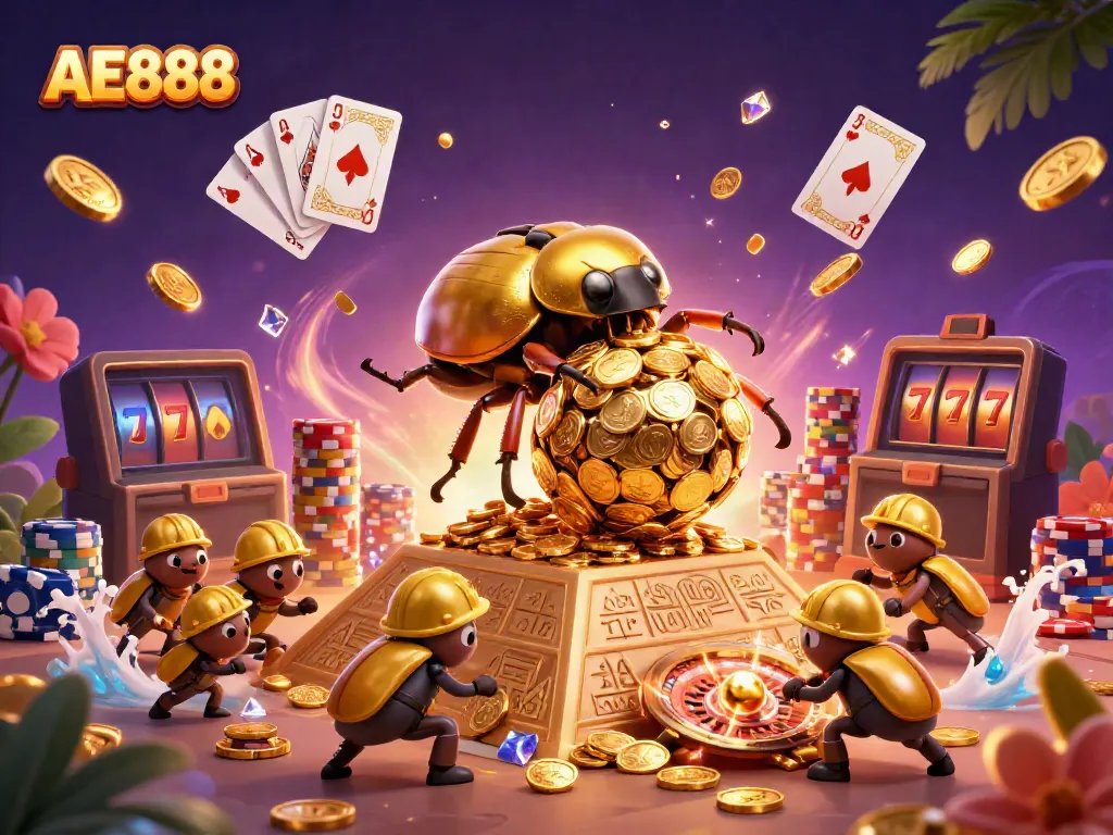 Experience the excitement of AE888 casino gaming with a stunning 3D illustration of golden beetles and casino elements.