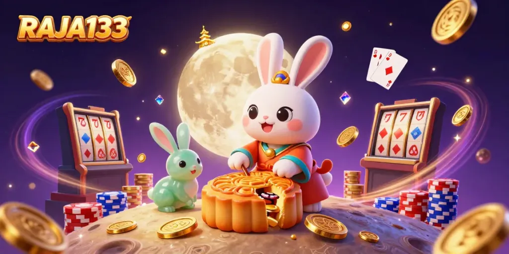 Experience the excitement of RAJA133 with a vibrant casino scene featuring lucky symbols and colorful characters.