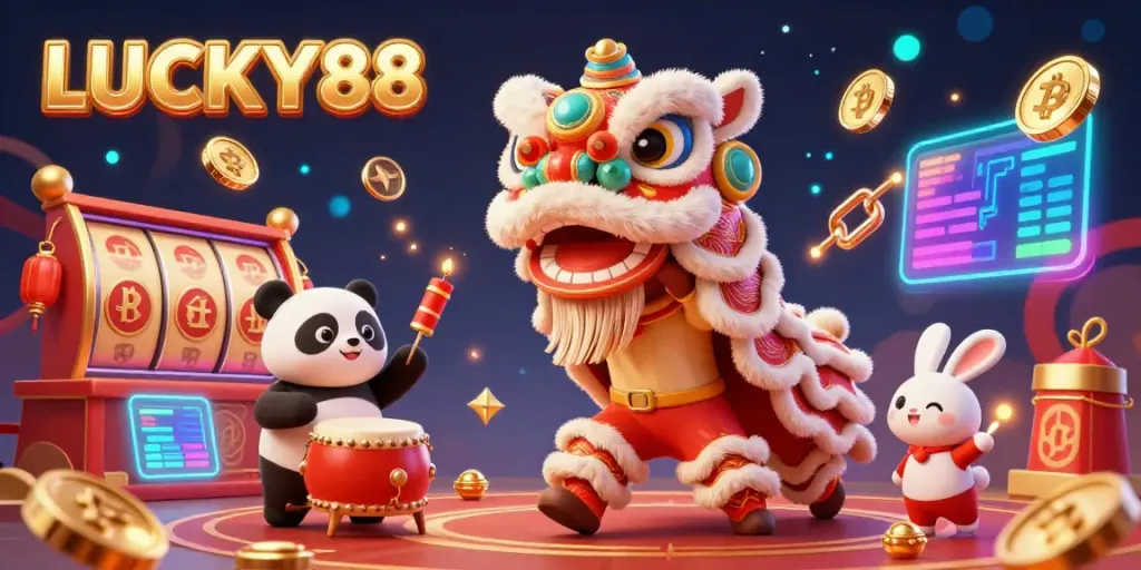 Catch the excitement of LUCKY88 with a festive lion dance and stunning casino elements.