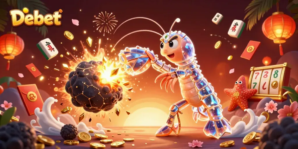 Engage with Debet as the galactic samurai mantis shrimp fights through riches in a colorful casino landscape.