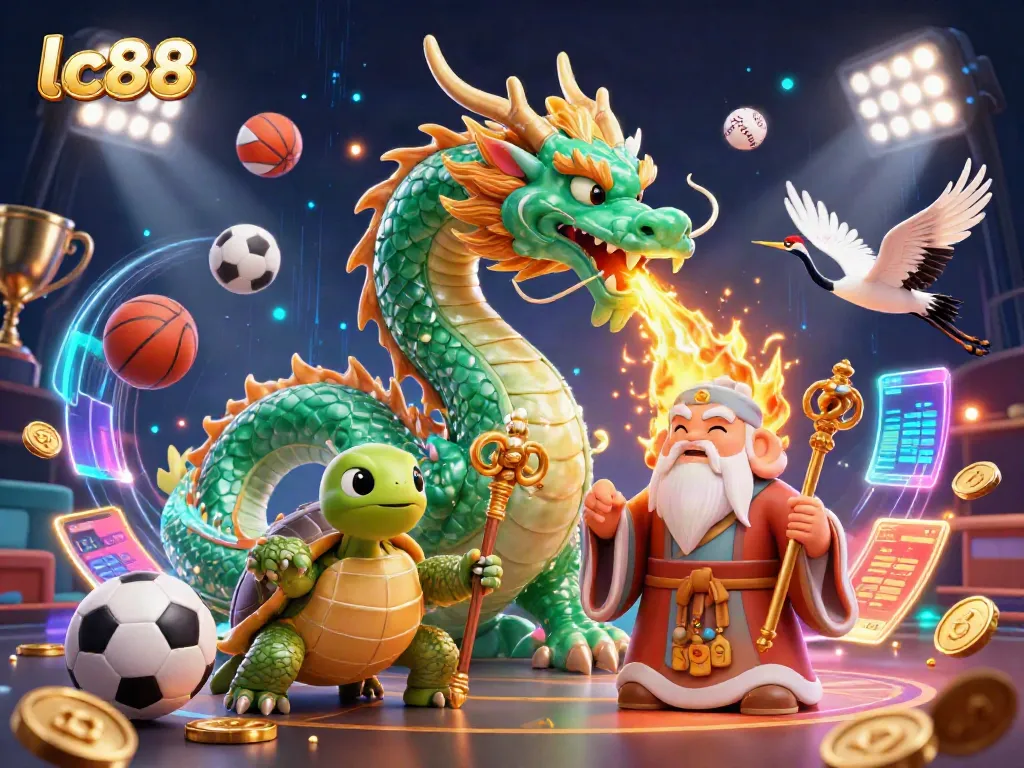 Engage with thrilling lc88 casino action featuring a jade dragon, lucky cranes, and dynamic sports elements.