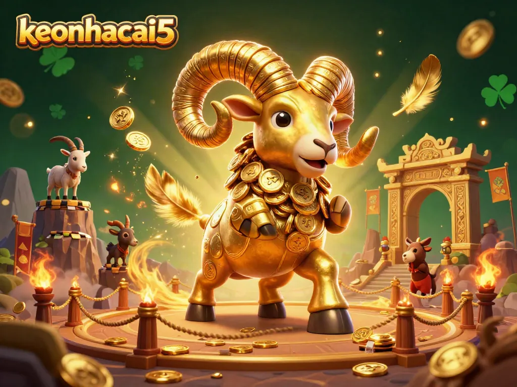 Engage with keonhacai5 through this vibrant 3D illustration depicting a golden ram charging at a golden gate.