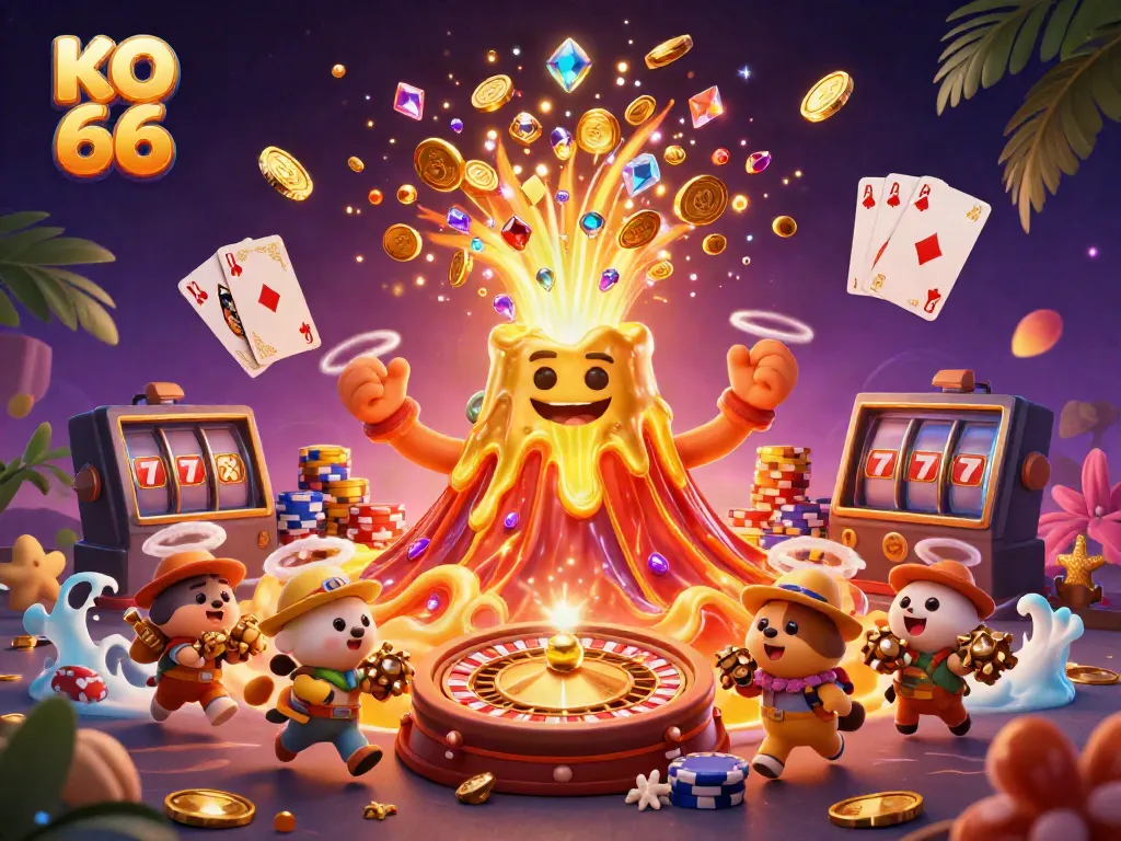 Experience thrilling wins with KO 66 in this vibrant casino-themed illustration filled with treasure.