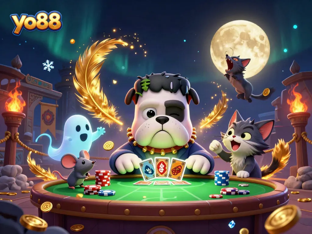 Engage with yo88's exciting card games, featuring a dynamic casino scene with animated characters.