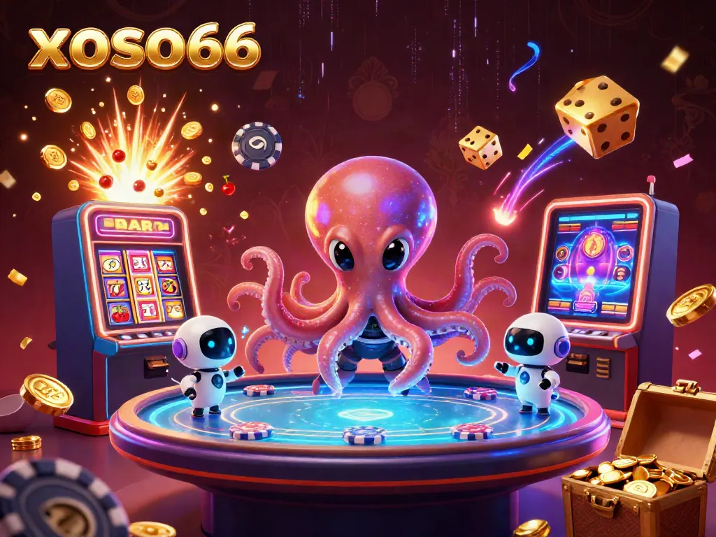 Join the excitement with xoso66 where a dazzling alien octopus manages a poker table amidst a vibrant jackpot explosion.
