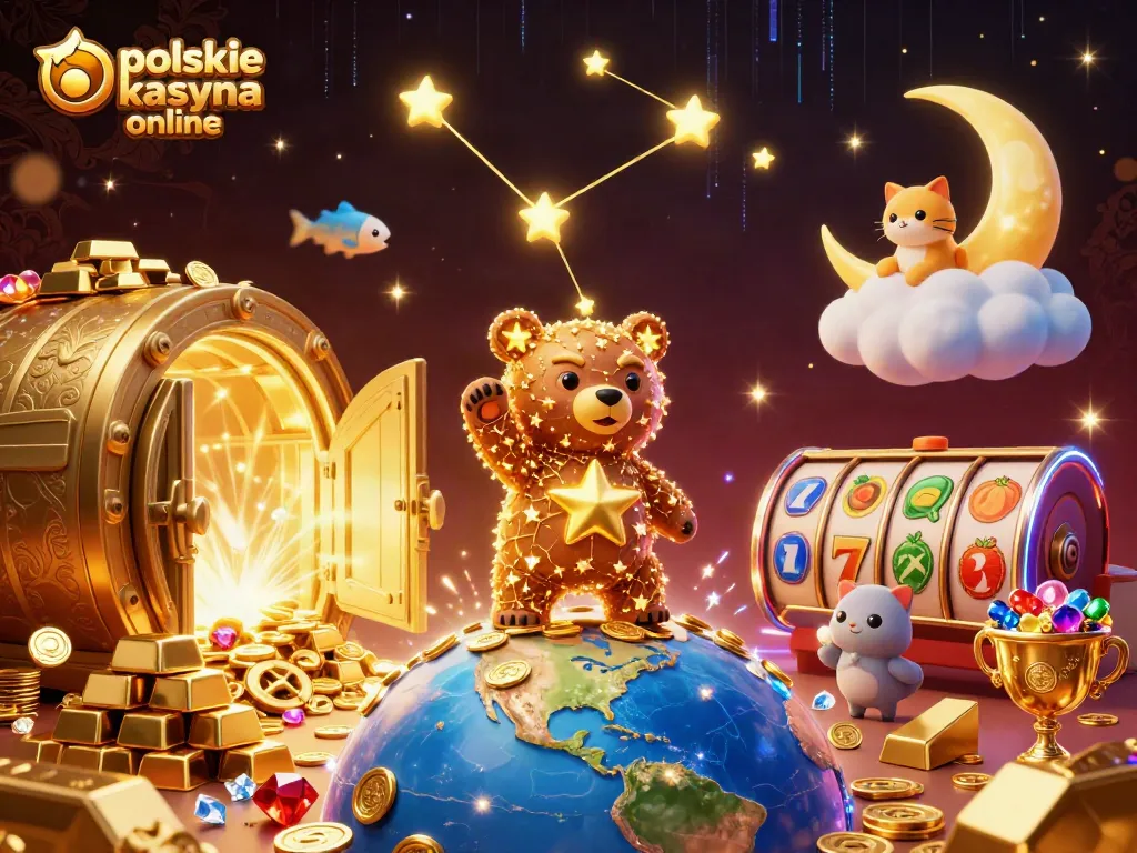 Experience polskie kasyna online excitement with a vibrant 3D casino illustration featuring a celestial bear and treasures!