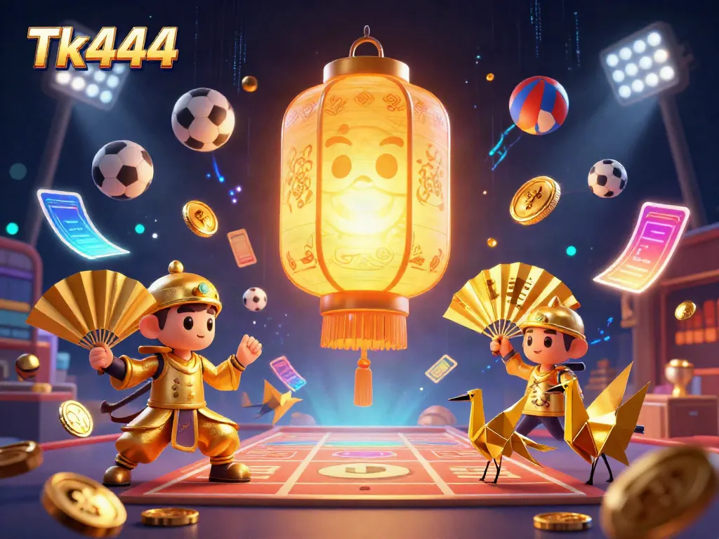 Win big with Tk444, showcasing a golden lantern spirit floating above a vibrant casino scene.