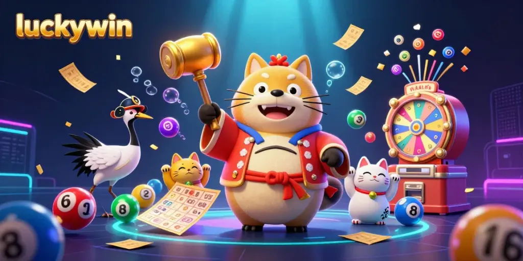 Join the excitement at Luckywin with a vibrant illustration featuring cheerful characters in a casino-themed wonderland.