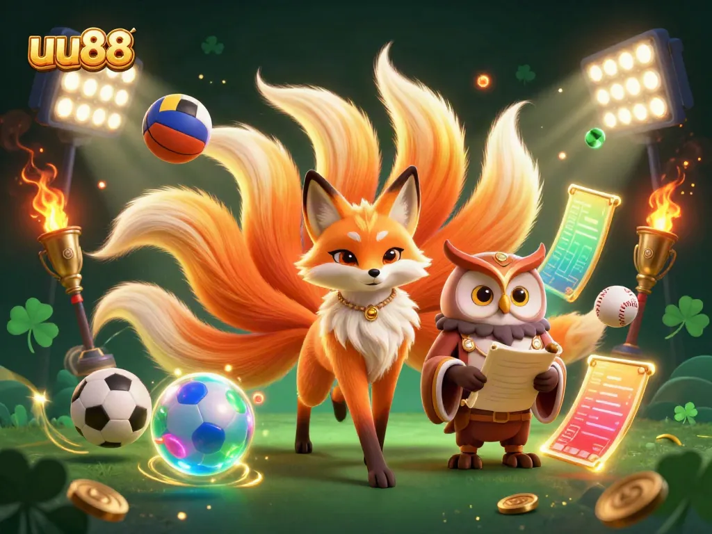 Engage with uu88's vibrant betting experience, featuring a nine-tailed fox spirit, wise owl sage, and dynamic sports elements.
