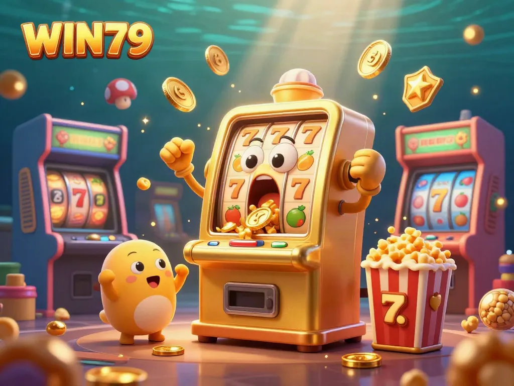Experience WIN79's golden slot machine winning a jackpot amid cheering baby slots and casino excitement.