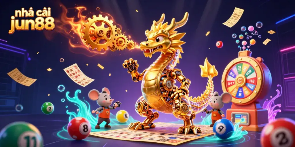 Experience the excitement at nhà cái jun88 with dynamic game elements and a golden dragon illustration.