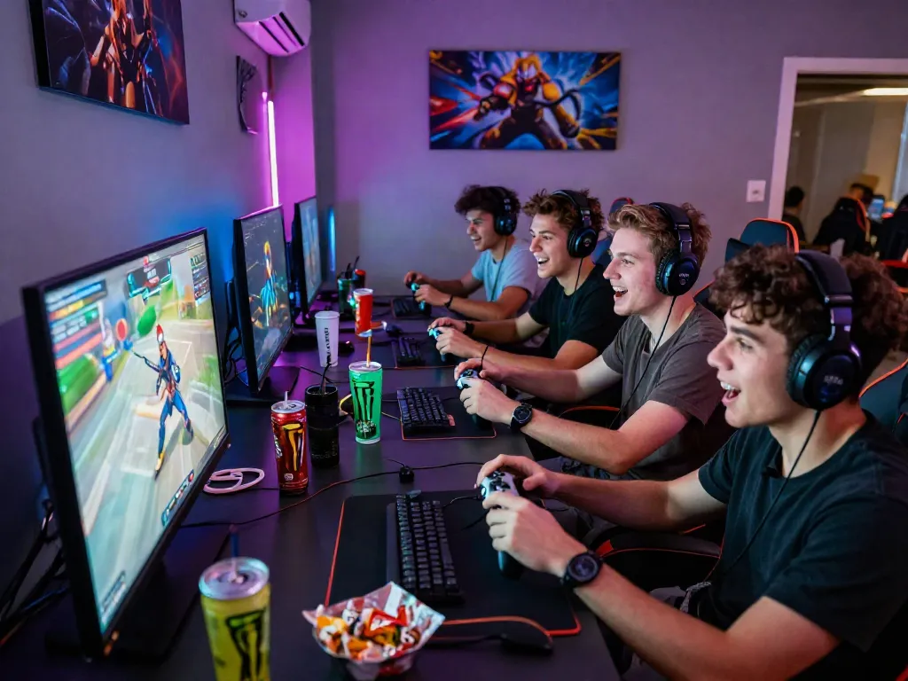 Friends playing istana404 multiplayer games in a vibrant gaming hub with screens and snacks.