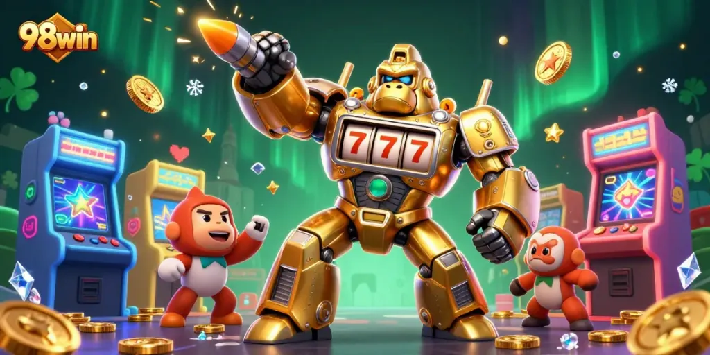 98win showcases a vibrant 3D casino scene filled with energetic characters and game elements.