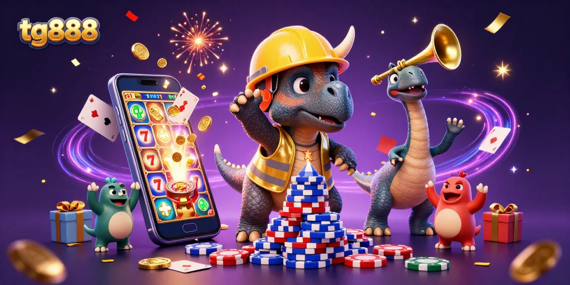 Celebrate winning at tg888 with a triceratops building a poker chip pyramid amidst festive gaming elements.