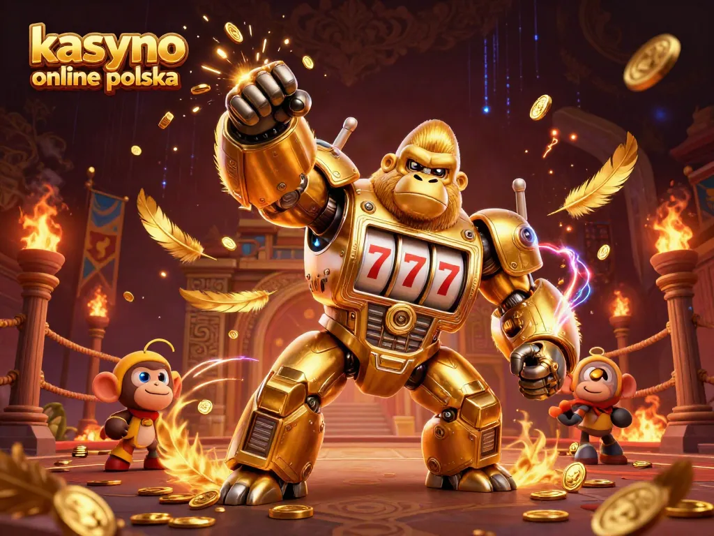 Experience kasyno online polska with captivating 3D illustration showcasing a golden gorilla mech and vibrant casino elements.