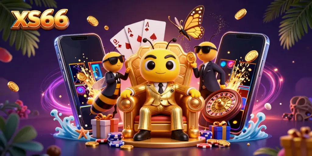 Experience winning adventures with xs66 in this vibrant casino-themed 3D scene featuring buzzing characters.