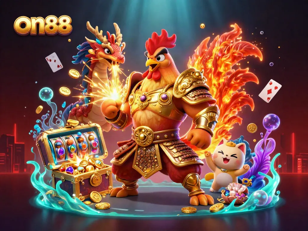 Experience the thrill of on88 with dynamic characters and slot games in this visually captivating scene.
