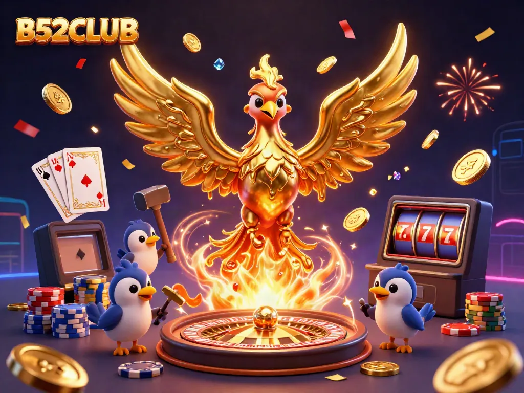 B52CLUB presents a stunning 3D illustration showcasing a molten golden phoenix amidst casino elements, celebrating exciting gameplay.