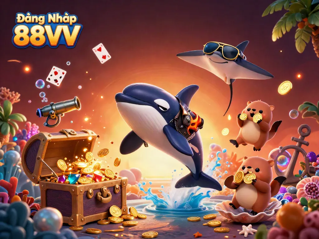 Spin the reels with Đăng Nhập 88VV, featuring playful cartoon animals amidst a treasure-filled underwater scene.
